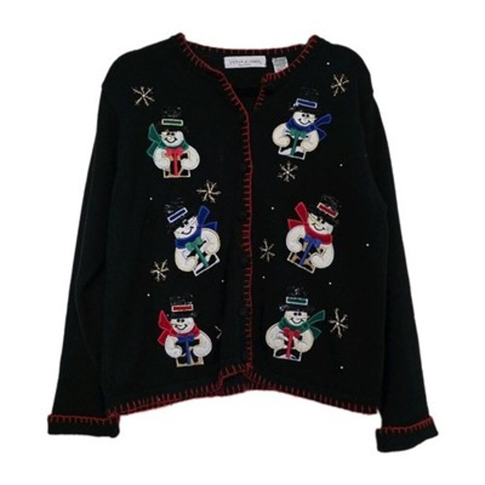 Vintage Christmas Cardigan Sweater Womens PL Winter Snowmen Artsy 90s Teacher